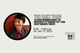 Event flyer. Black text on gray background. Includes tgiFHI logo and photo of Yun Emily Wang.